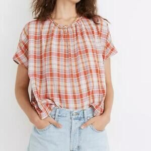 Madewell Plaid Shirred-Neck Boxy Top Size XXS